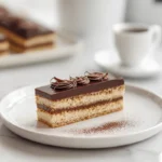 photorealistic opera cake slice with sharp layers in modern kitchen