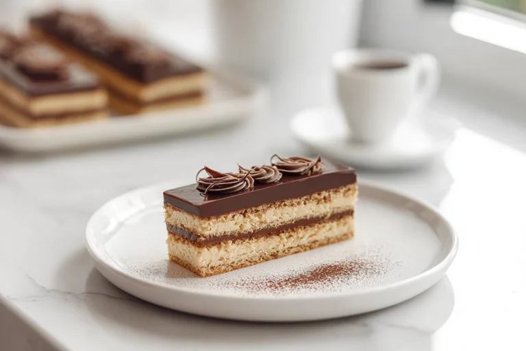 photorealistic opera cake slice with sharp layers in modern kitchen