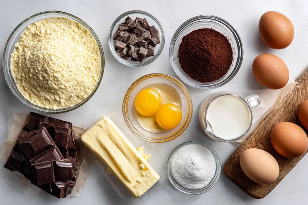 overhead photo of opera cake ingredients arranged in glass bowls