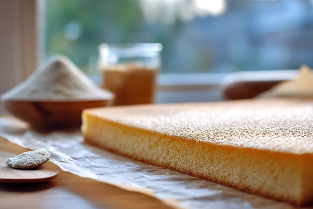 freshly baked joconde sponge layer for opera cake on kitchen counter