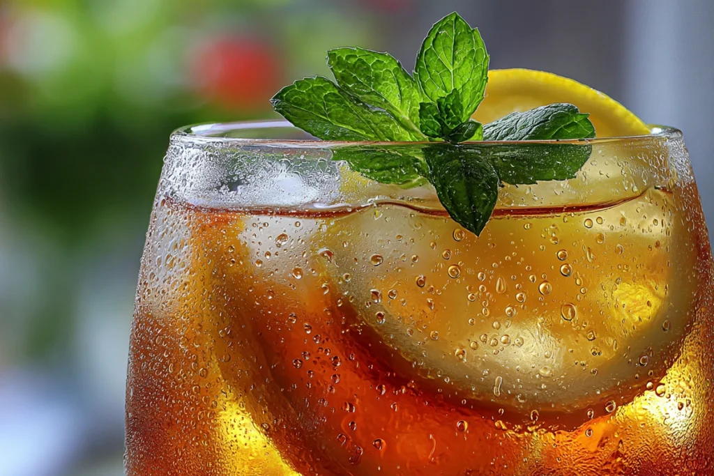 Close-up variation of Orange Cinnamon Iced Tea with lemon and mint