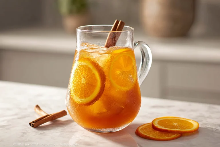 Hero shot of Orange Cinnamon Iced Tea in a modern kitchen with citrus and cinnamon garnish