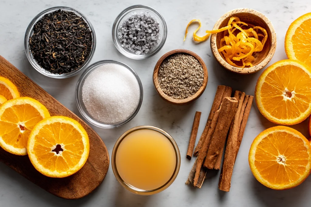 Overhead shot of ingredients for Orange Cinnamon Iced Tea with vibrant citrus and cinnamon