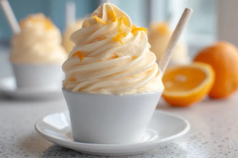Disney copycat Orange Whip with whipped topping and orange zest, photorealistic image.