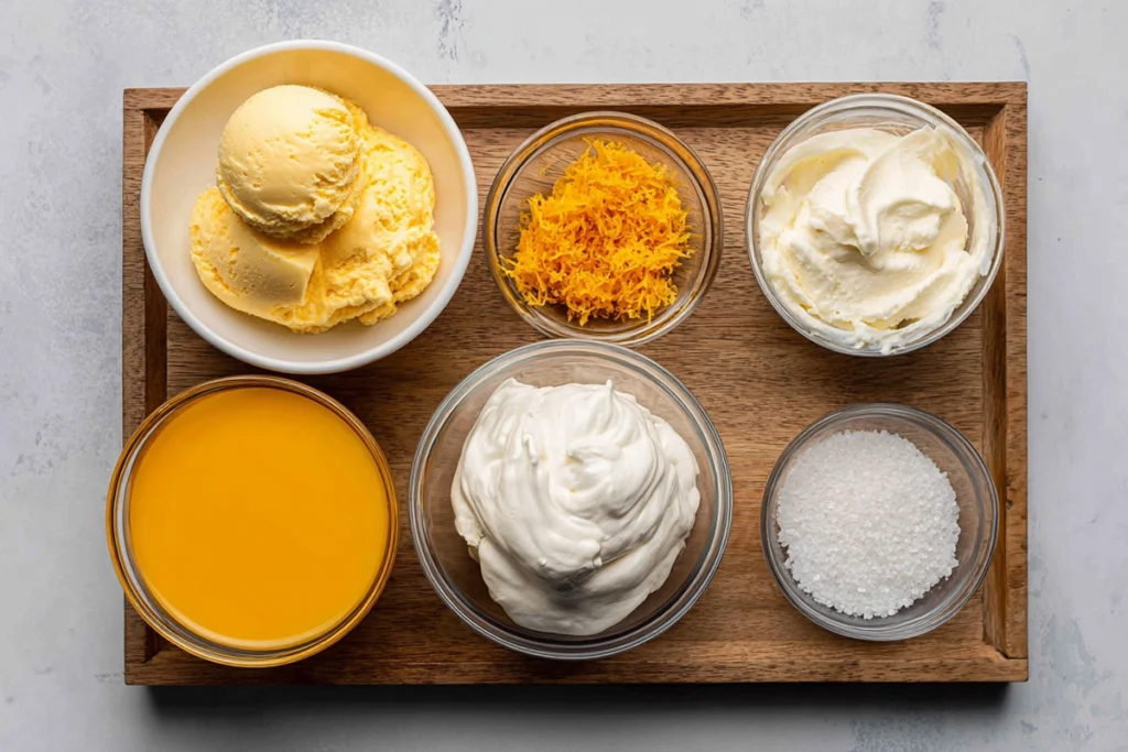 Ingredients for Disney-style Orange Whip including orange juice concentrate, ice cream, whipped topping, and zest.