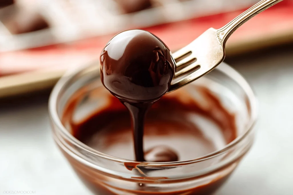 Close-up macro shot of Oreo Ball being dipped in melted chocolate