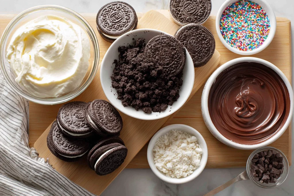 Overhead image of Oreo Balls ingredients arranged on wooden board under natural light
