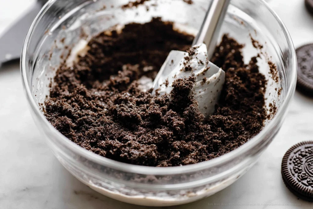 Overhead flat lay showing Oreo Balls ingredients on a clean wooden board in a bright modern kitchen, emphasizing natural textures and clean presentation.