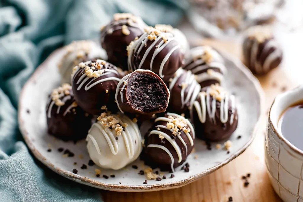 Oreo Balls dessert platter served with coffee in bright modern kitchen setting