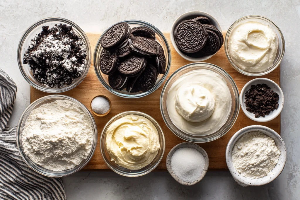Overhead ingredients shot for Oreo Cheesecake Cookie Cups recipe