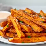 Oven baked sweet potato fries with fresh parsley garnish, golden and crispy, shot in a modern kitchen setting.