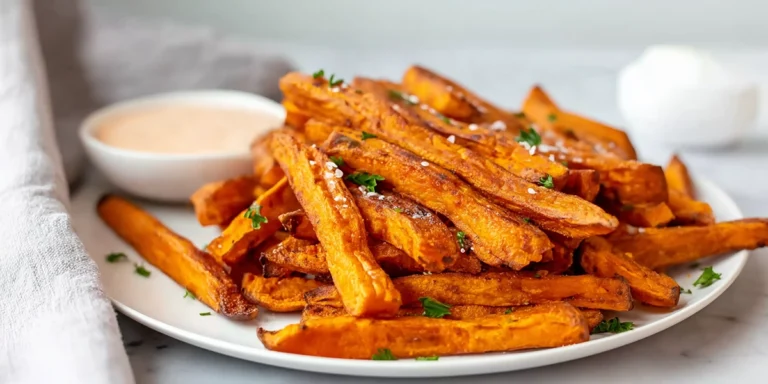 Oven baked sweet potato fries with fresh parsley garnish, golden and crispy, shot in a modern kitchen setting.