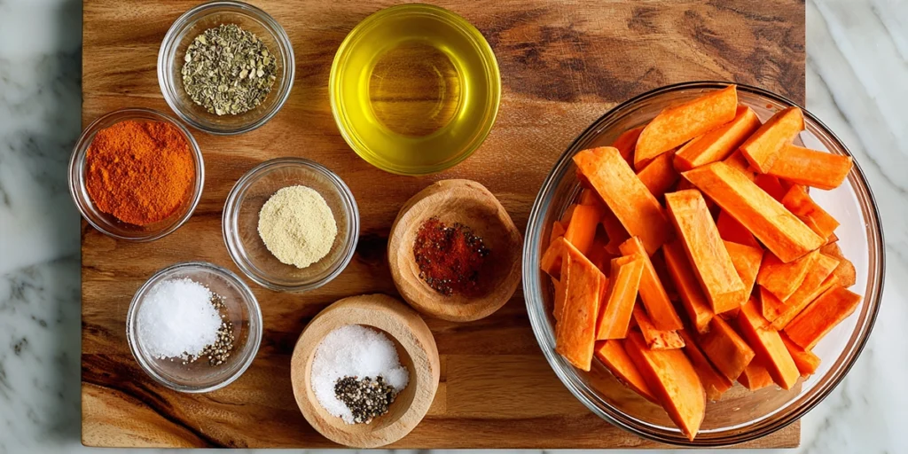 Ingredients for oven baked sweet potato fries including sweet potatoes, spices, and olive oil arranged on a wooden board.