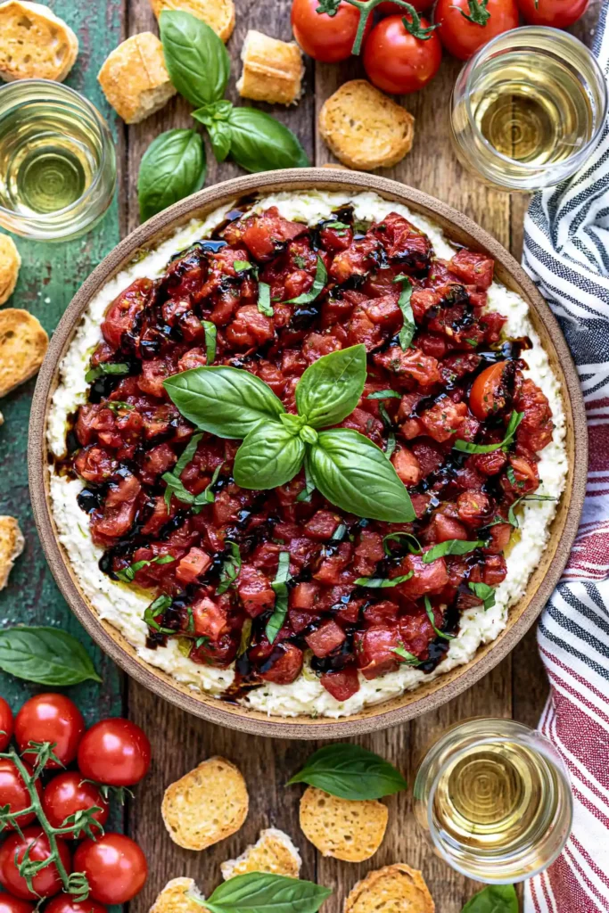 Bruschetta Dip with Creamy Boursin and Fresh Tomatoes 2 Overhead Bruschetta Dip with Boursin, Fresh Tomatoes, Basil, and Crostini