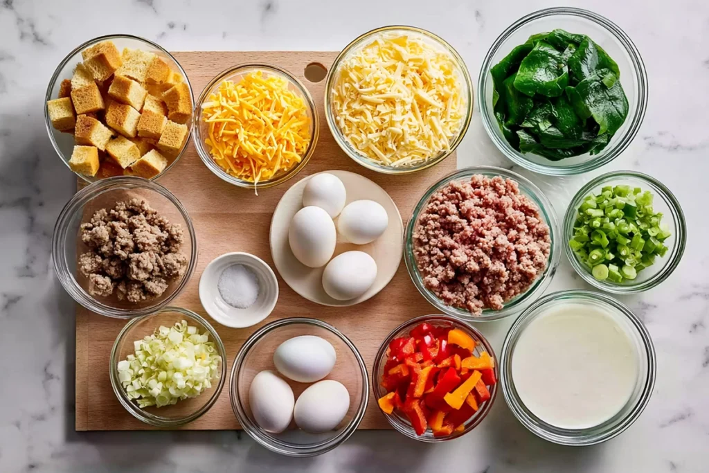 overhead shot of ingredients for overnight breakfast casserole including eggs bread cheese and sausage in glass bowls