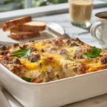 freshly baked overnight breakfast casserole with golden cheese crust in white ceramic dish on modern kitchen counter