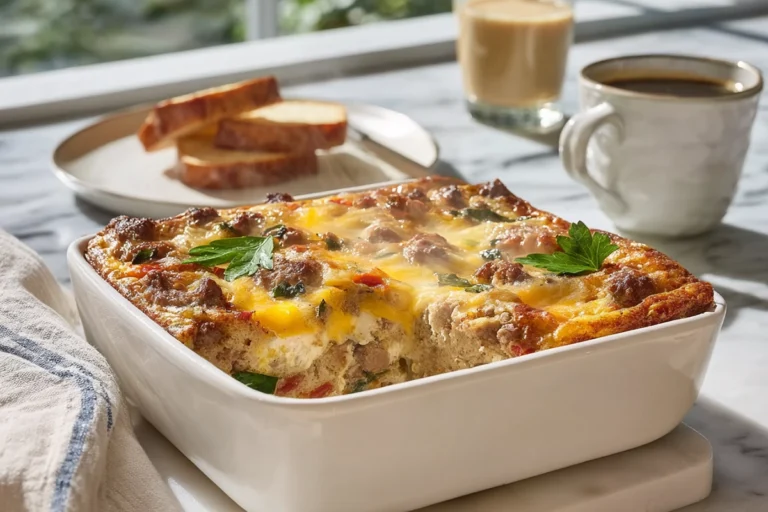 freshly baked overnight breakfast casserole with golden cheese crust in white ceramic dish on modern kitchen counter
