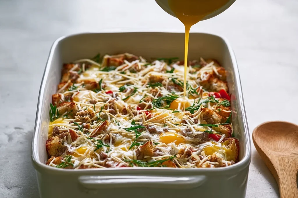 layering ingredients for overnight breakfast casserole with egg mixture poured over bread and sausage in white baking dish