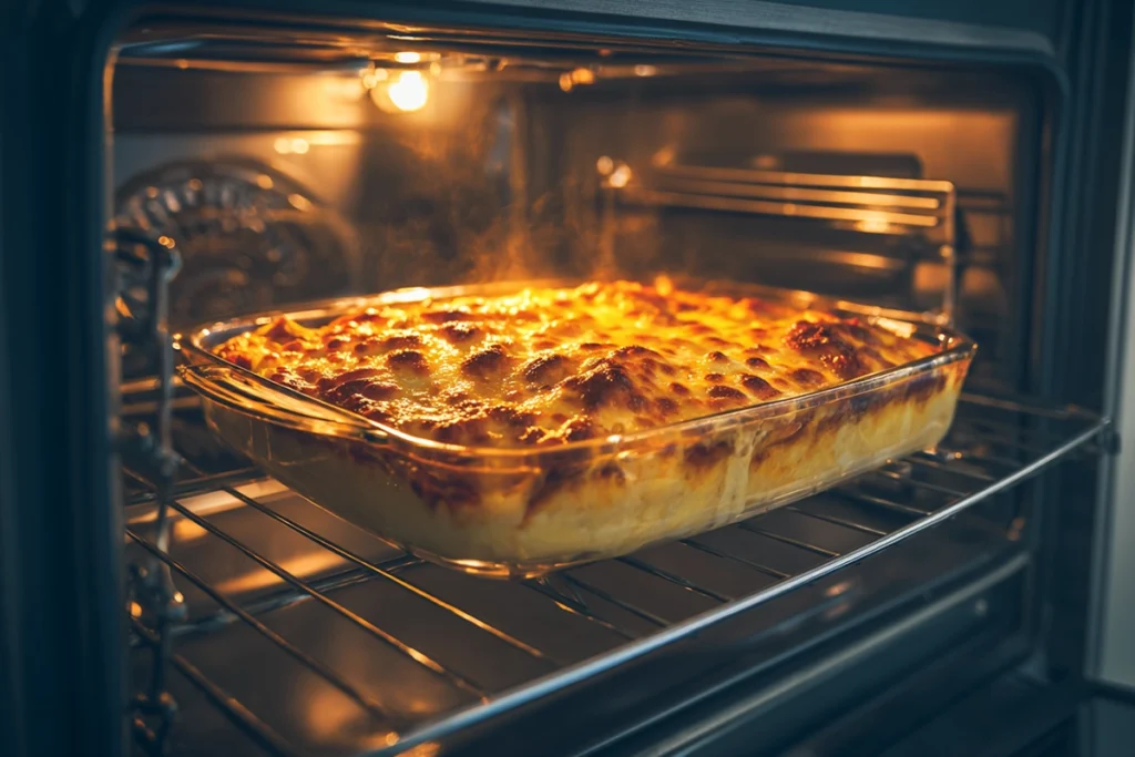 overnight breakfast casserole baking in oven with melted cheese crust and rising steam in modern kitchen