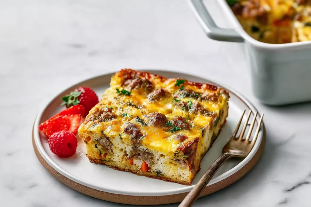plated serving of overnight breakfast casserole with melted cheese layers and parsley garnish on modern kitchen counter
