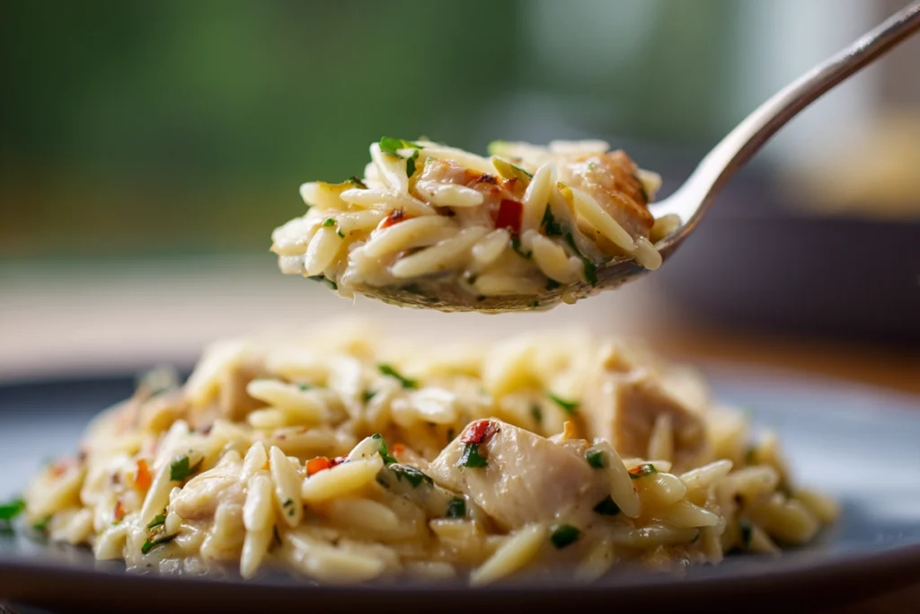detailed close-up of Parmesan Herb Chicken Orzo with herbs and Parmesan garnish