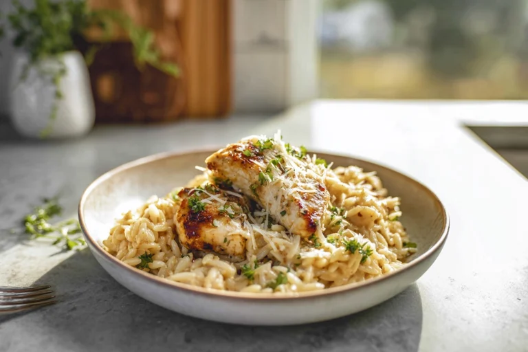 finished plate of Parmesan Herb Chicken Orzo in a modern kitchen with natural lighting