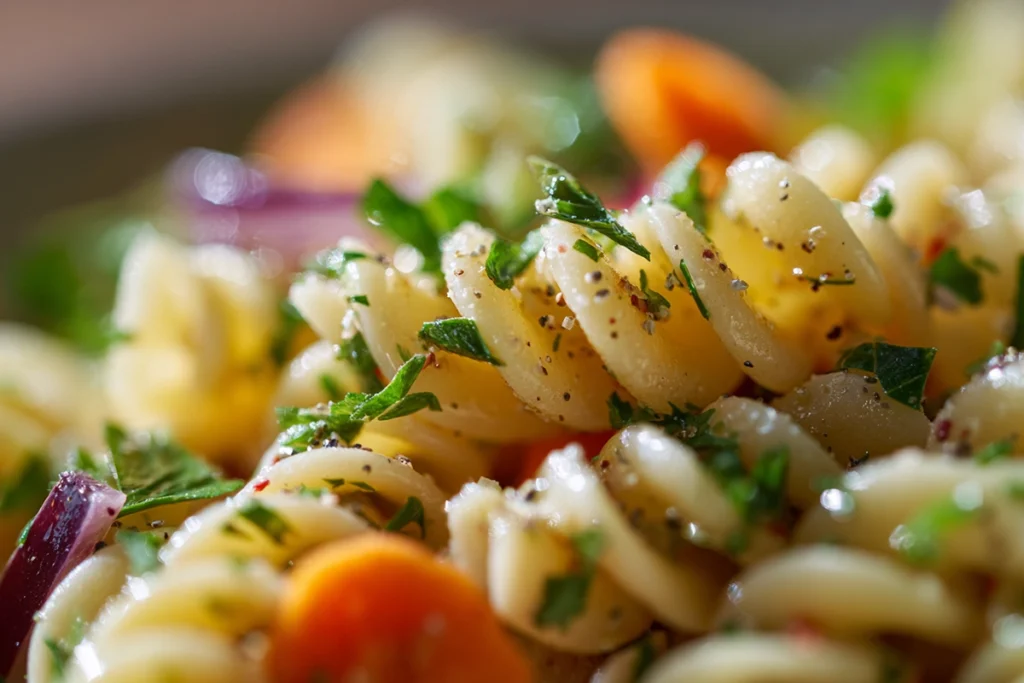 pasta salad stored in glass container on modern kitchen counter