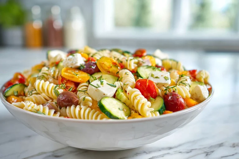 photorealistic pasta salad in modern kitchen hero image