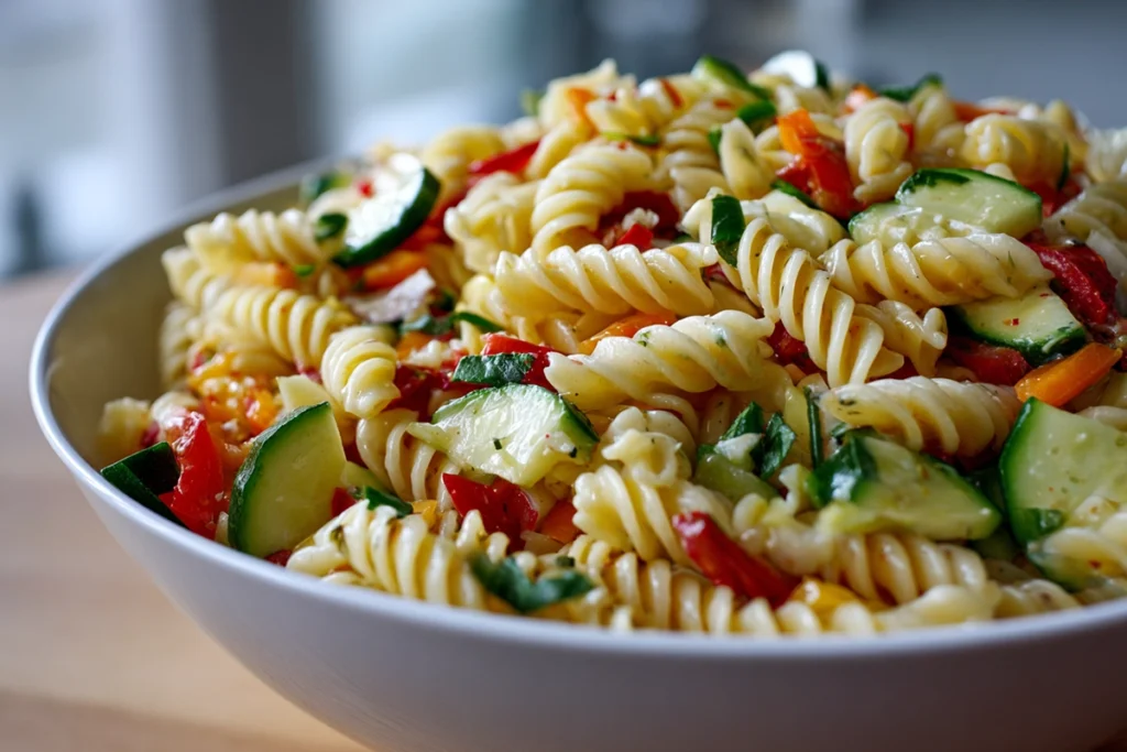 macro close-up of pasta salad texture with herbs and vegetables