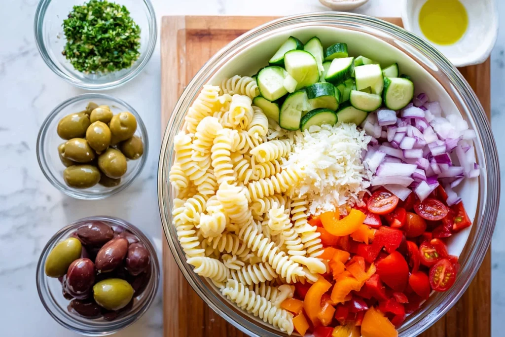 pasta salad ingredients overhead shot