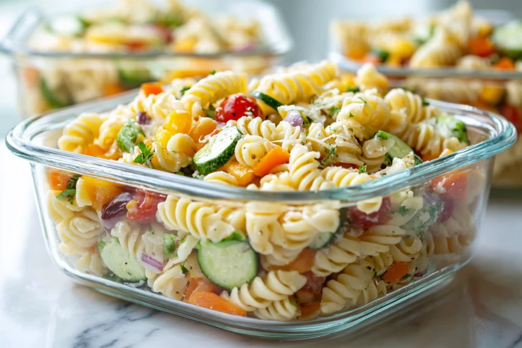 pasta salad stored in glass container on modern kitchen counter