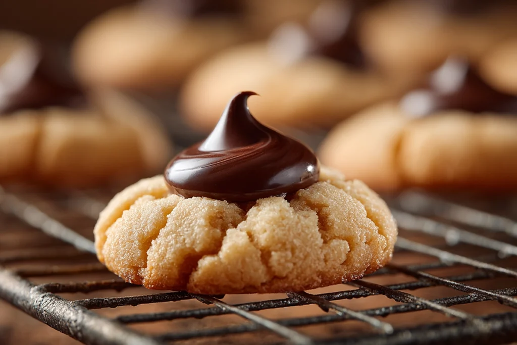 close-up of peanut butter blossom cookie with melted chocolate center and cracked surface