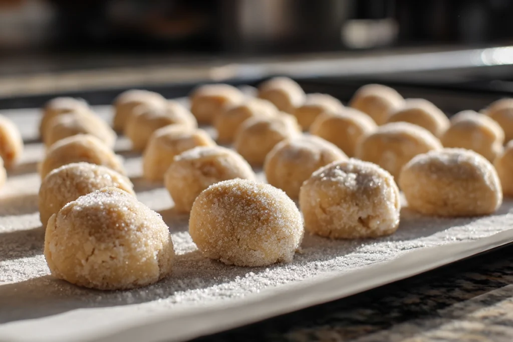 sugar-coated peanut butter cookie dough balls on baking tray ready to bake
