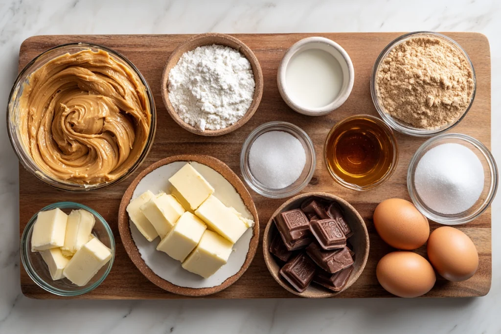 overhead view of peanut butter blossom ingredients arranged in glass bowls on wooden board