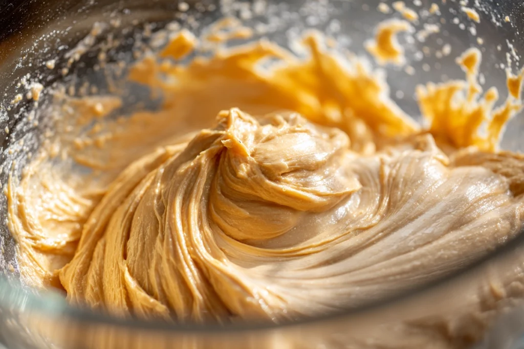 creaming butter peanut butter and sugar in glass bowl for peanut butter blossoms dough