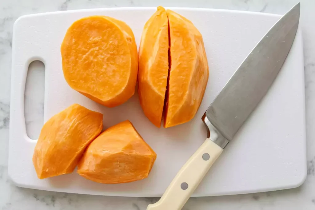 Peeled sweet potatoes ready to cut for Oven Baked Sweet Potato Fries
