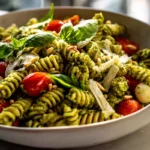 beautifully plated pesto pasta salad with basil, tomatoes, and pine nuts in a modern kitchen