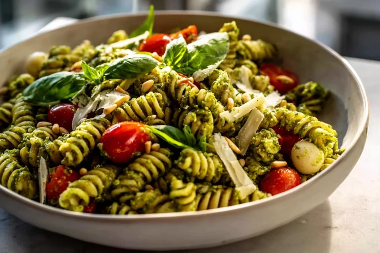 beautifully plated pesto pasta salad with basil, tomatoes, and pine nuts in a modern kitchen