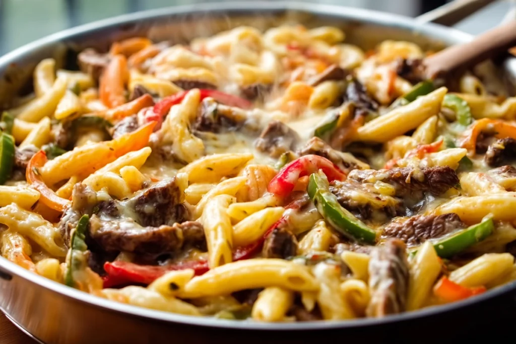 Philly Cheesesteak Pasta tossed in skillet under natural daylight