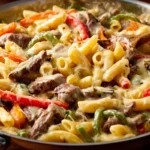 Photorealistic hero shot of Philly Cheesesteak Pasta in a modern kitchen