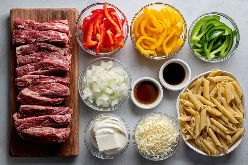 Overhead layout of Philly Cheesesteak Pasta ingredients in glass bowls
