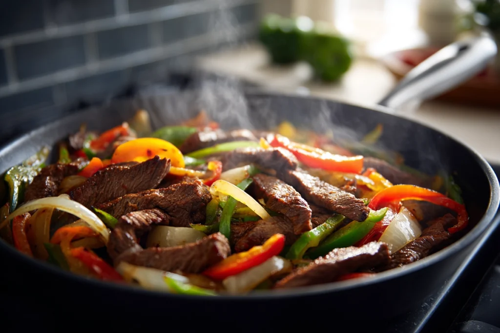 Steak and peppers sautéing for Philly Cheesesteak Pasta in a modern kitchen
