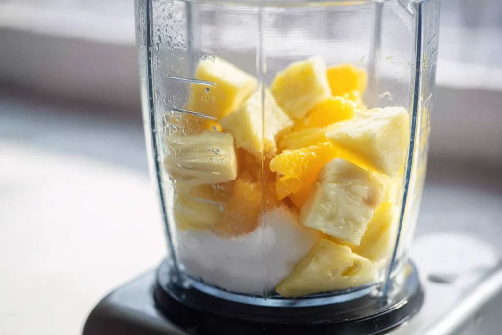 8k image of pineapple and orange in blender jar for pineapple orange smoothie