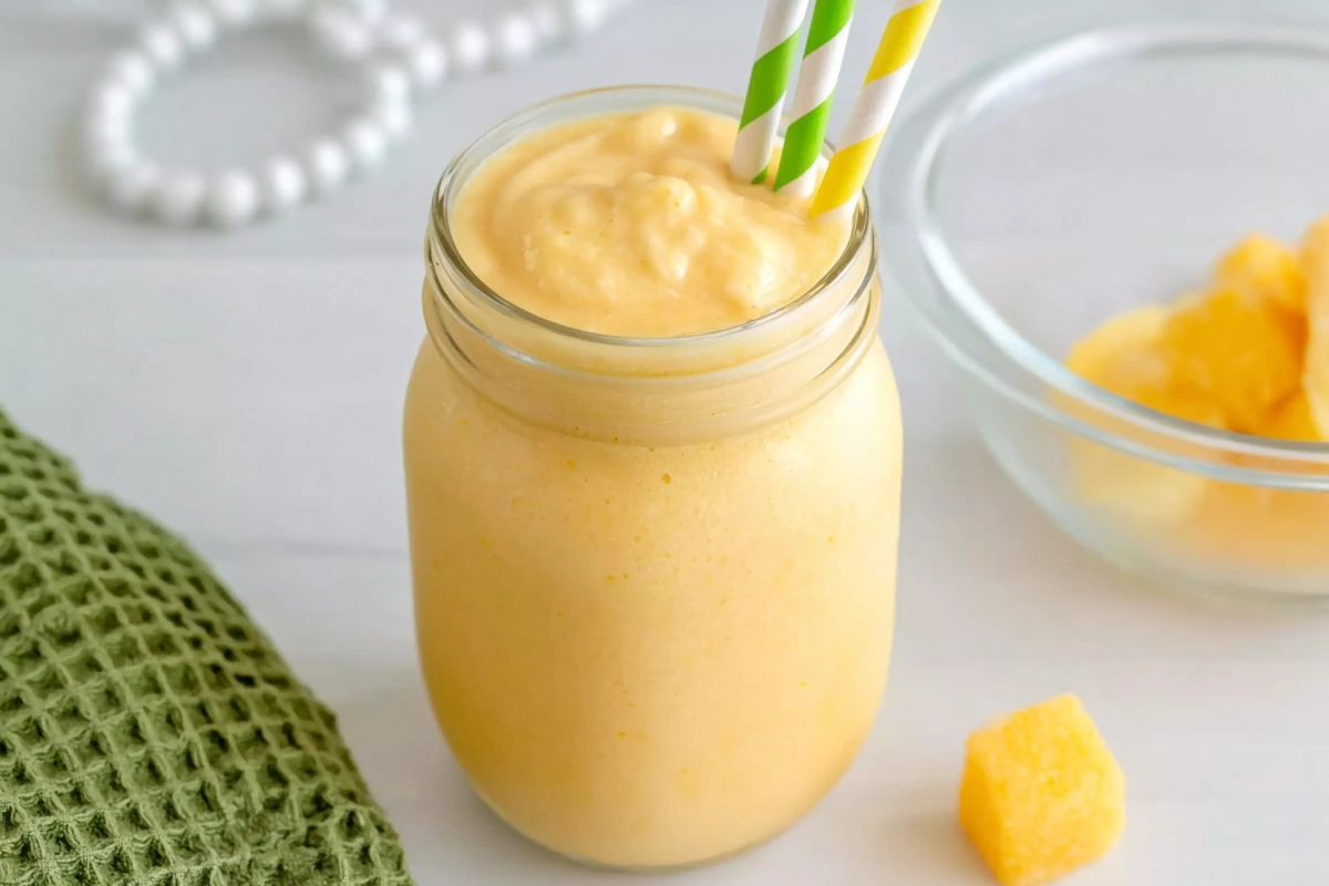 Mohamed Ayad's Pineapple Orange Smoothie Recipe served in a mason jar with fresh pineapple