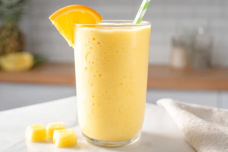 8k hero image of a pineapple orange smoothie on a modern kitchen counter