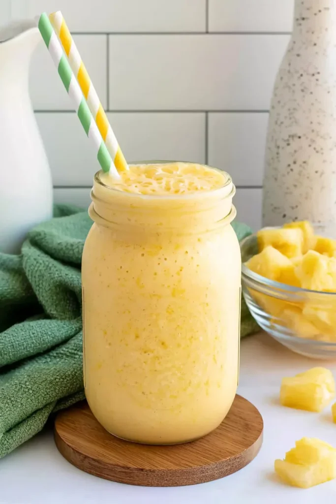 Creamy pineapple orange smoothie with fresh pineapple, yogurt, and citrus ingredients
