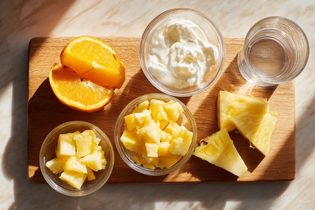 overhead 8k flat lay of pineapple orange smoothie ingredients in clear bowls