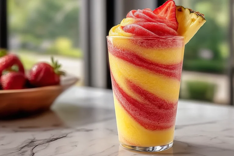 photorealistic hero shot of Pineapple Strawberry Swirled Slushies on modern kitchen counter