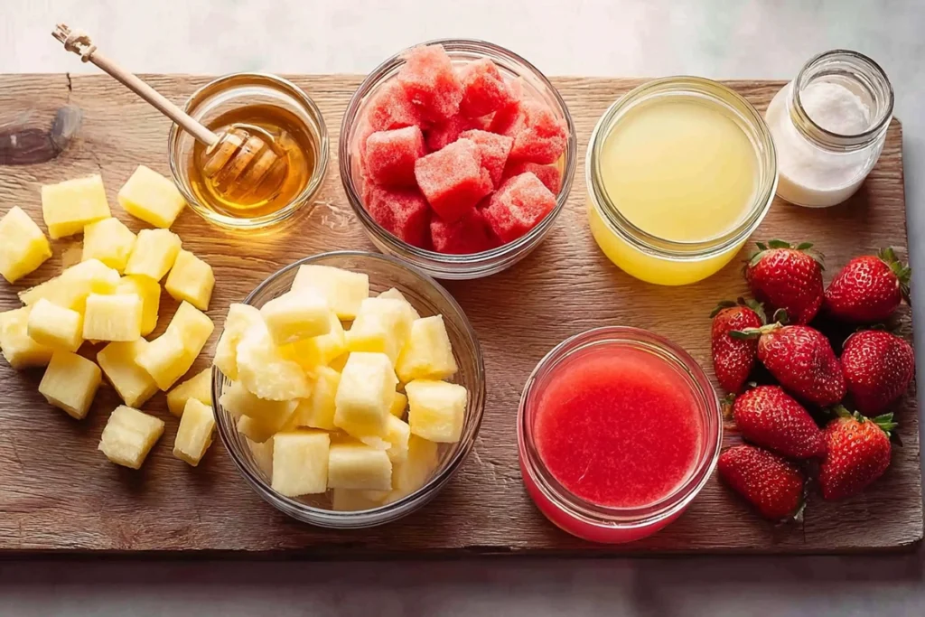 overhead ingredients layout for Pineapple Strawberry Swirled Slushies in glass bowls and wooden board