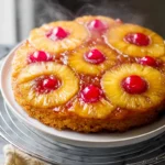 photorealistic hero image of pineapple upside-down cake on modern kitchen counter